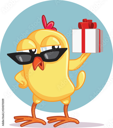 Cute Chicken Holding a Gift Box Vector Cartoon Illustration. Small, adorable chick pet showing a wrapped surprise present
