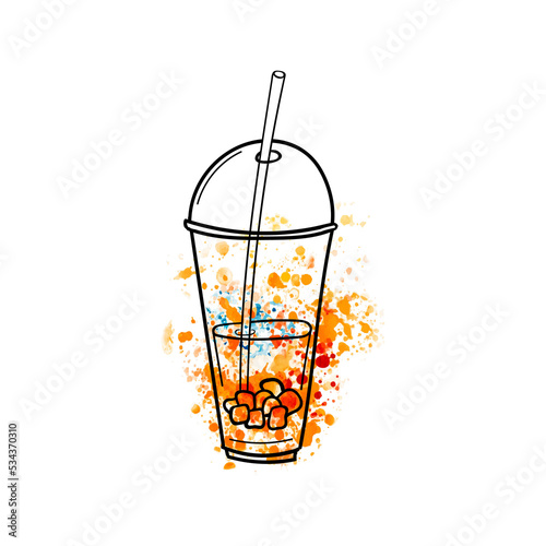 Takeaway plastic glass with iced coffee, tea or juice, ice cubes and straw. Doodle sketch style hand drawn vector illustration on watercolor stain background. For menu,bar,coffee shop, cafe,restaurant