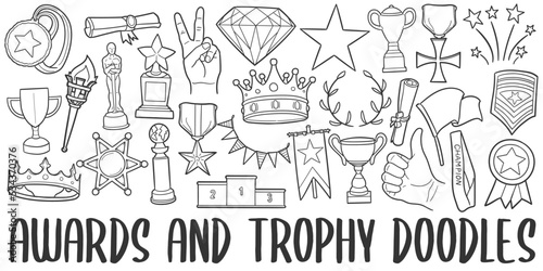 Awards Doodle Icons. Hand Made Line Art. Winner Clipart Logotype Symbol Design.