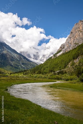 The green meadows and snow mountains in Yading and Daocheng, the last Shangri-La, in Sichuan, China, shot in summer time.