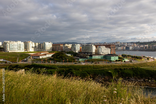 View of the city from afar, in the foreground the grass is yellow © Pablo Santos Somos