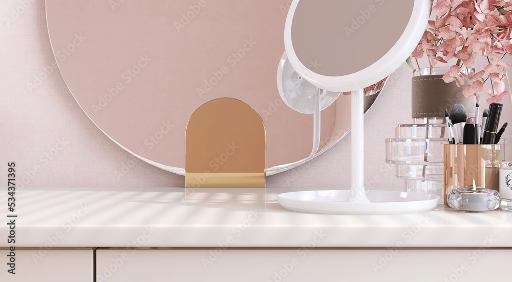 3D render close up white LED stand up makeup vanity mirror with tray on  elegance dressing table for beauty product display backdrop. Morning  sunlight, Shadow, Pink, Glamour, Jewelry accessories, Space Illustration  Stock