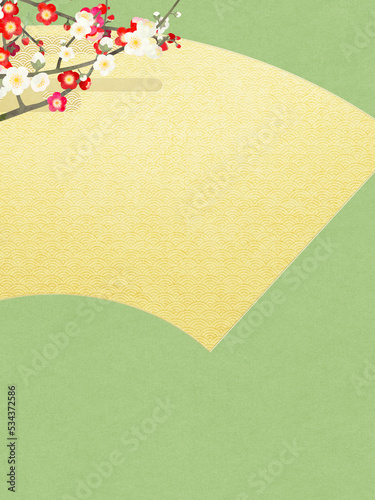 Oriental background material depicting plum blossoms and folding fan