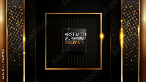 black gold background with golden square in the center of the picture,  luxury image abstract, overlap layer shadow gradients space composition, 3840 x 2160 monitor size for banner, template design