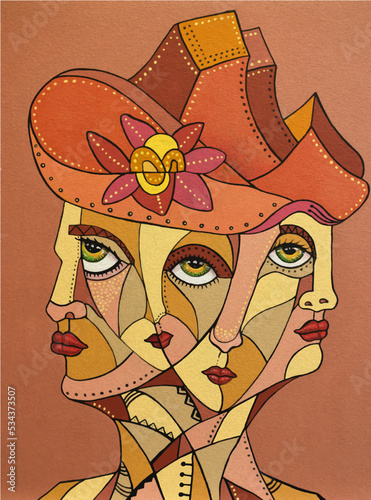 Cubist portrait of 3 faces