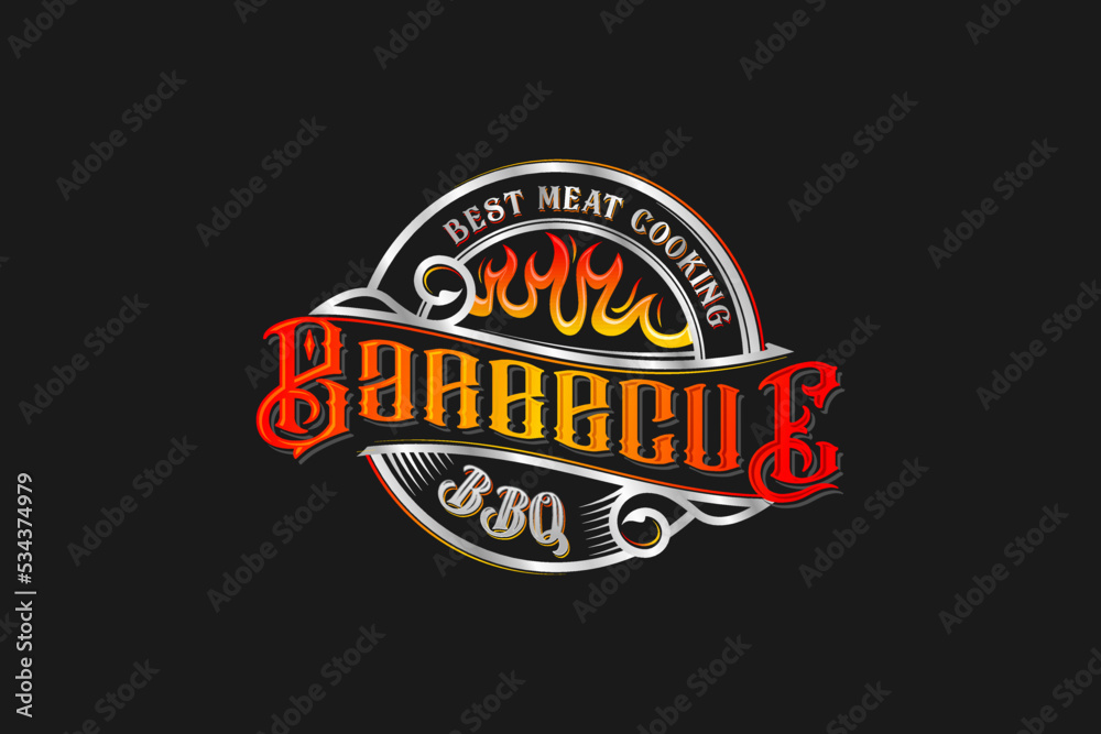 BBQ barbecue logo design vintage flame fire grill spatula carving fork icon symbol restaurant illustration