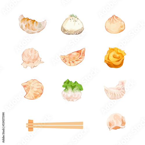 Traditional chinese dumplings Dim sum and chopsticks set. Hand drawn vector watercolor illustration, isolated on white background.