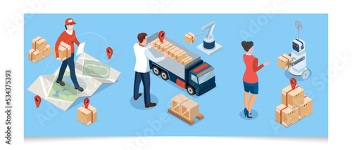 3D isometric Global logistics network concept with Transportation operation service, Export, Import, Cargo, Air, Road, Maritime delivery. Vector illustration EPS 10