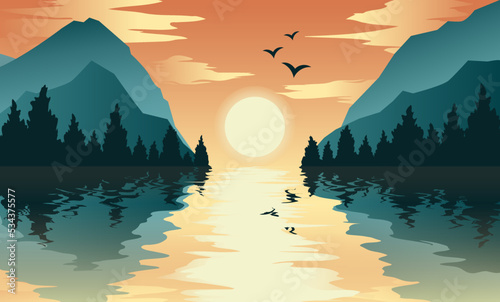 An abstract image of a sunset or dawn over mountains in the background and a river or lake in the foreground. Mountain. Vector illustration. Flat natural landscape with trees. Beautiful scenery