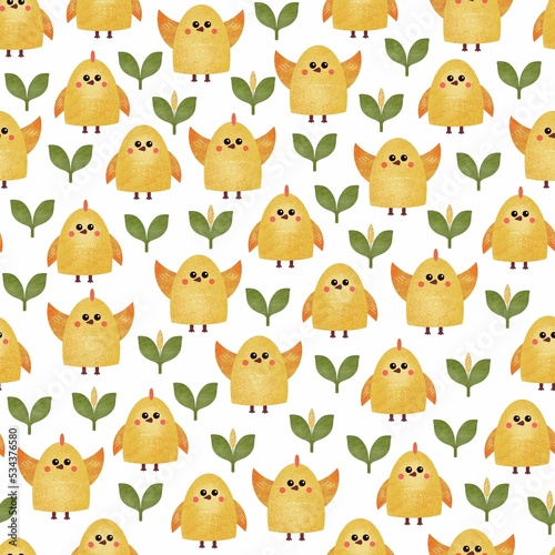 Baby chicken seamless pattern. Yellow cute farm birds and grass on white background. Newborn print. Spring pattern. Happy Easter.