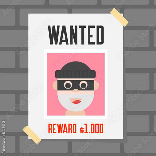 Wanted thief poster. Flat design vector illustration.