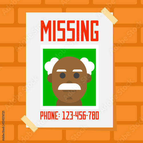Lost person poster, missing old man. Flat design vector illustration.
