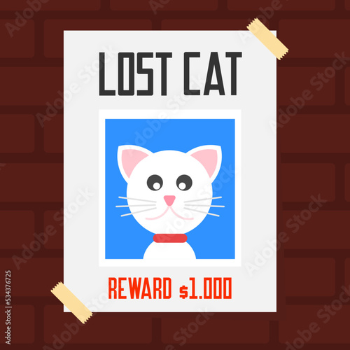 Lost cat poster with reward. Flat design vector illustration.