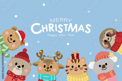 Cute rabbit, koala, bear, deer, otter and sloth in winter costume. Wildlife animal in Christmas holidays. -Vector