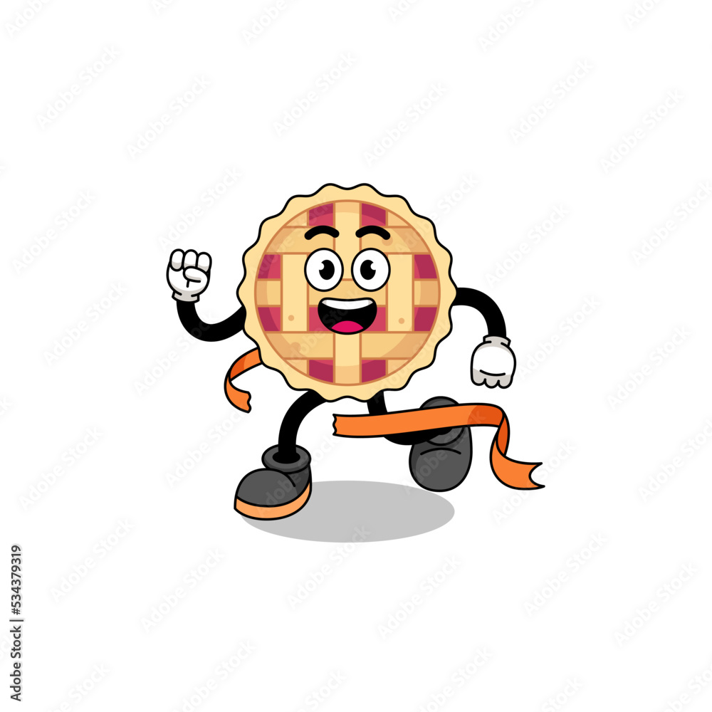 Mascot cartoon of apple pie running on finish line