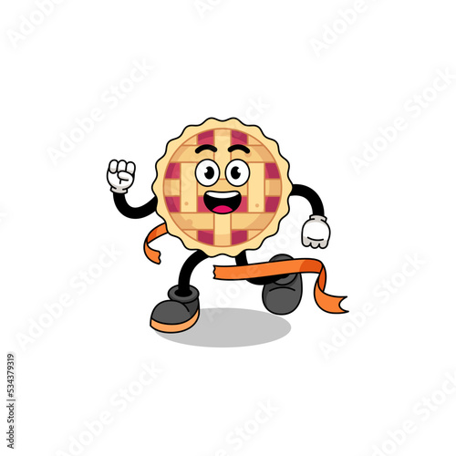 Mascot cartoon of apple pie running on finish line