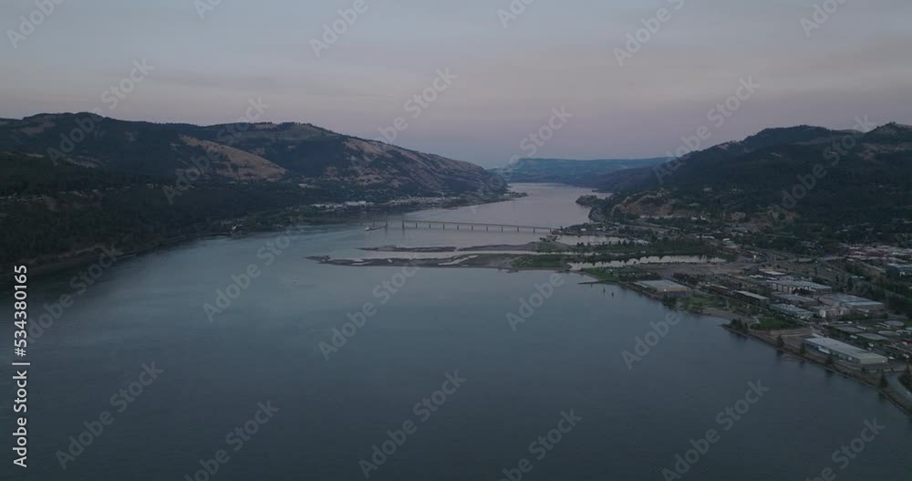 Drone aerial of Hood River, Oregon on a summer evening.. Shot on Mavic 3 Cine. 30 fps. 4k resolution. Prores. Drone aerial of Hood River, Oregon on a summer evening.. Shot on Mavic 3 Cine. 30 fps. 4k resolution. Prores.