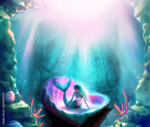 Fotografie, Tablou Backlit underwater mermaid in a clamshell with aqua and pink water drawn in wate