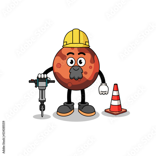 Character cartoon of mars planet working on road construction