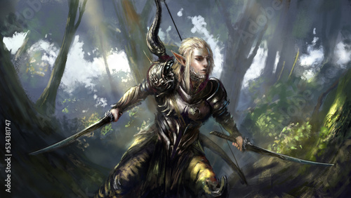 An elf warrior with two swords in armor with blades and a bow behind his back stands in the forest. Digital drawing style, 2D illustration photo