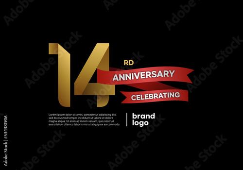 14 years anniversary logo with gold and red emblem on black background