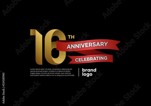 16 years anniversary logo with gold and red emblem on black background