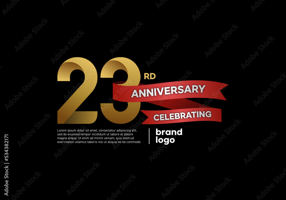 23 years anniversary logo with gold and red emblem on black background