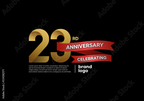 23 years anniversary logo with gold and red emblem on black background