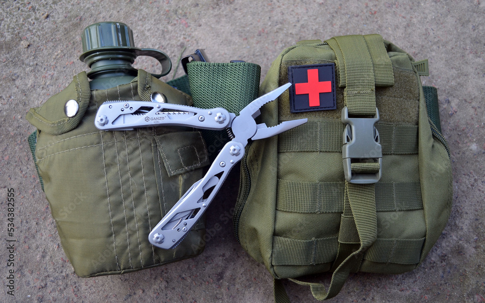 Mobilisation Kit Required for mobilization and war. Military first aid kit, flask for ...