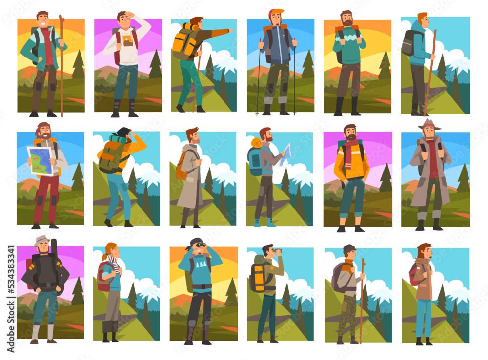 Obraz premium Man Traveller or Explorer with Backpack Engaged in Mountaineering and Expedition Big Vector Set