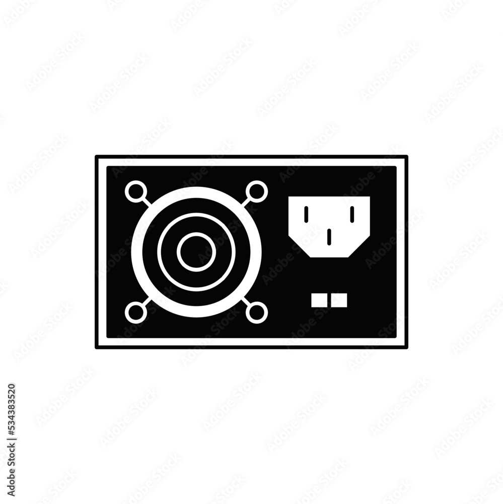 Power supply icon in black flat glyph, filled style isolated on white background Power supply icon in black flat glyph, filled style isolated on white background