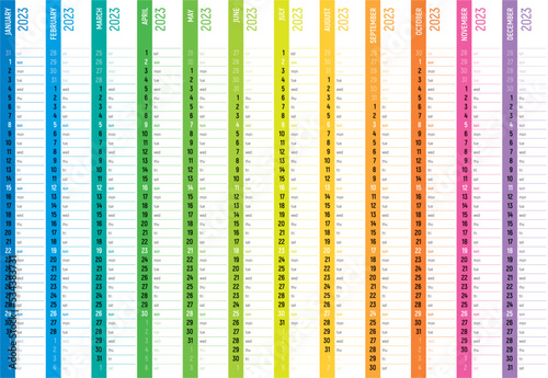 Creative rainbow wall calendar 2023. Vertical design stripes. Week starts mondays, sundays holidays. Editable vector template. (ID: 534383731)
