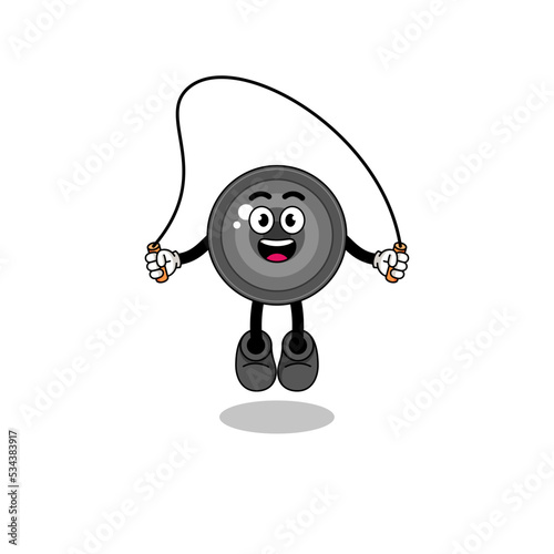 camera lens mascot cartoon is playing skipping rope