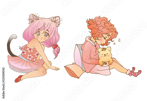 vector set with cute cartoon anime girls. sticker pack