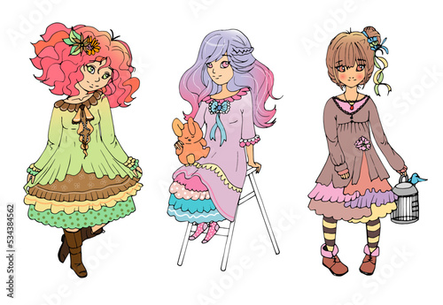 vector set with cute cartoon anime girls. sticker pack