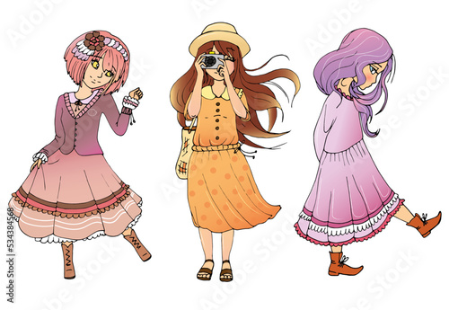 vector set with cute cartoon anime girls. sticker pack
