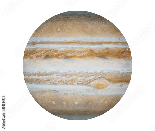 Jupiter is the largest planet in the solar system. Showing great red spot. White background isolated.