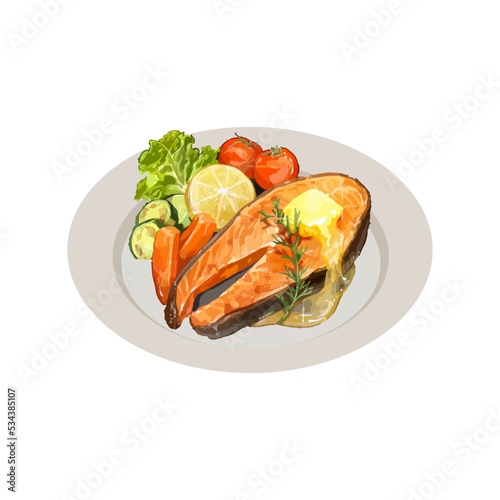 Delicious grilled salmon fish fillet with lemon, rosemary, spicies and vegetables on the plate. Watercolor hand drawn vector illustration, isolated on white background.