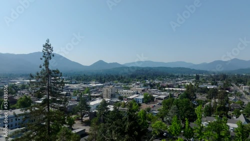 Beautiful aerial shot of a city in the mountains of Grants Pass, Oregon.