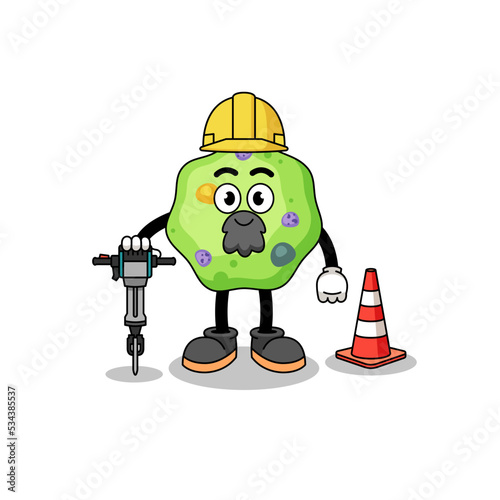 Character cartoon of amoeba working on road construction