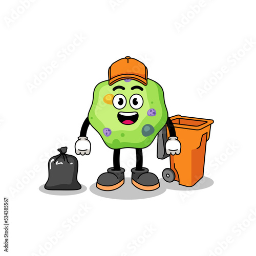 Illustration of amoeba cartoon as a garbage collector