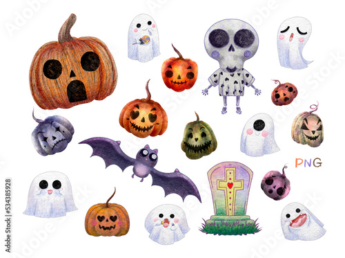 Cute Halloween illustration isolated. Hand drawn pumpkin  ghost  white skull cartoon  bat and rainbow cemetery transparent clipart on white background. Characters of Halloween on October in autumn.