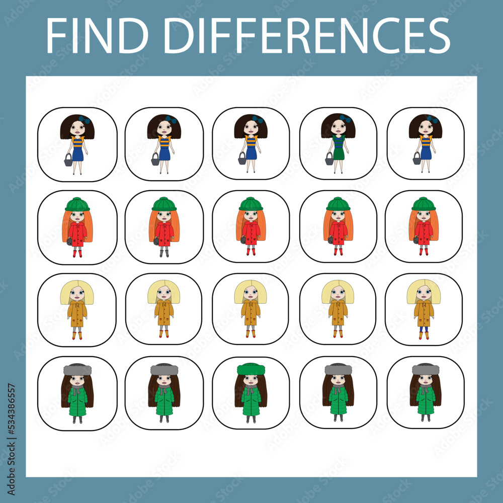 Developing activity for children - find the difference. Logic game for children. Find an extra dolls Developing activity for children - find the difference. Logic game for children. Find an extra dolls