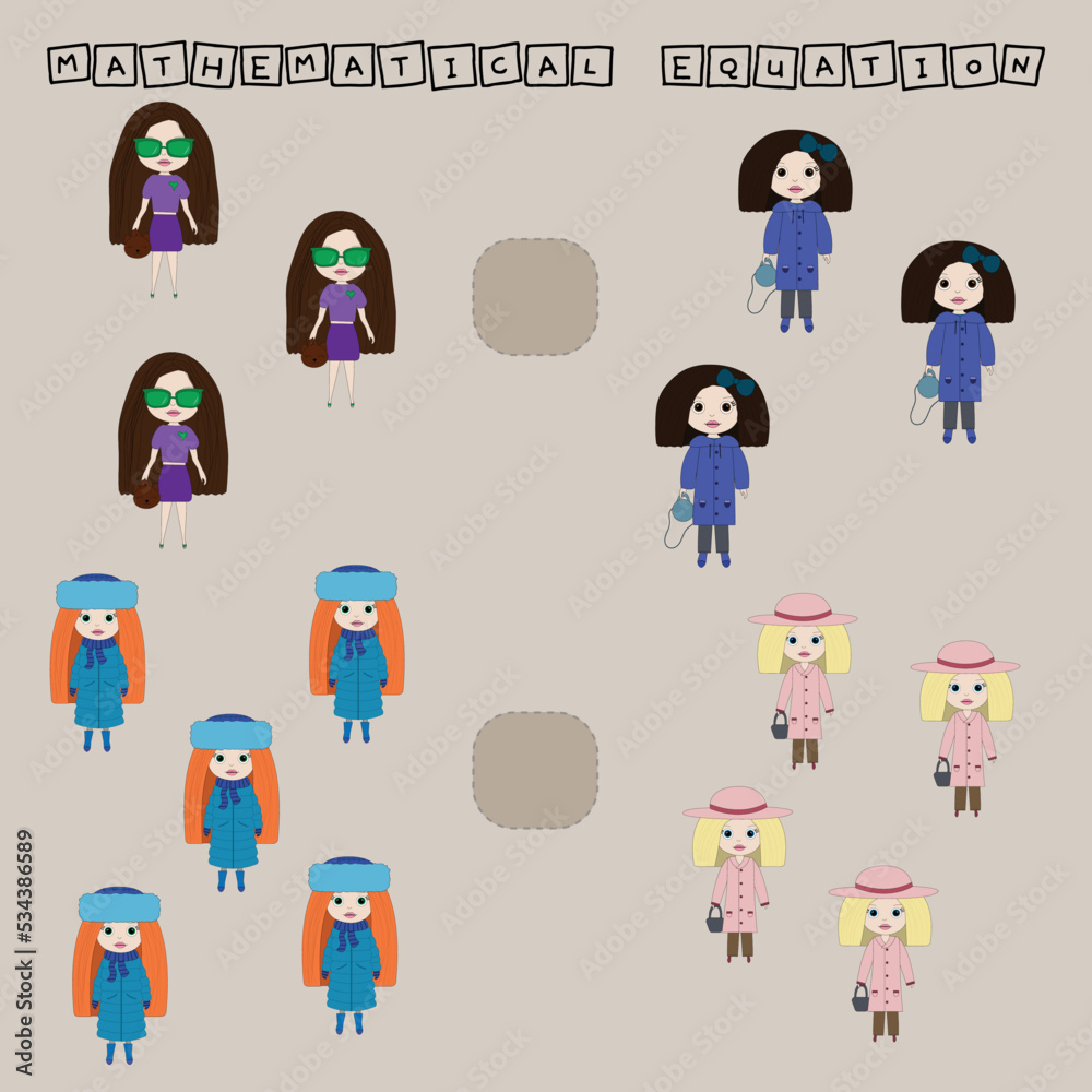 Math problem: greater, less, or equal. Count the number of cartoon colored little girls and compare. Educational math game for children. Math problem: greater, less, or equal. Count the number of cartoon colored little girls and compare. Educational math game for children.