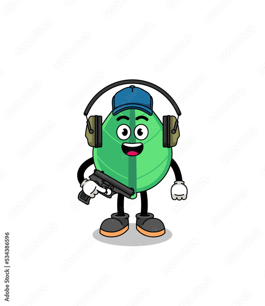 Character mascot of leaf doing shooting range
