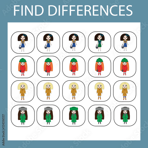 Developing activity for children - find the difference. Logic game for children. Find an extra dolls