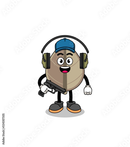 Character mascot of dried leaf doing shooting range