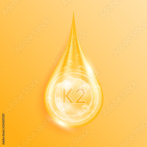 Serum drop water vitamin K2 orange. Vitamins complex mineral liquid with collagen oxygen bubbles. Skin care cosmetics solution design. Beauty medical concepts. 3D Realistic Vector EPS10.