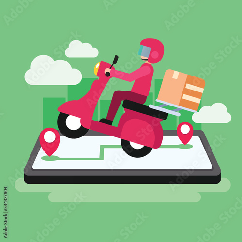 scooter delivery with map on smartphone. online shopping order. vector illustrator