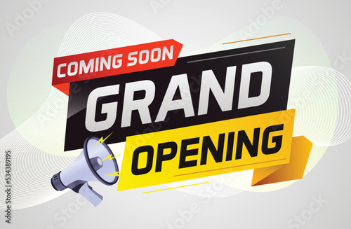 coming soon grand opening word concept vector illustration with megaphone and 3d, web, mobile app, poster, banner, flyer, background, gift card, coupon, label, wallpaper